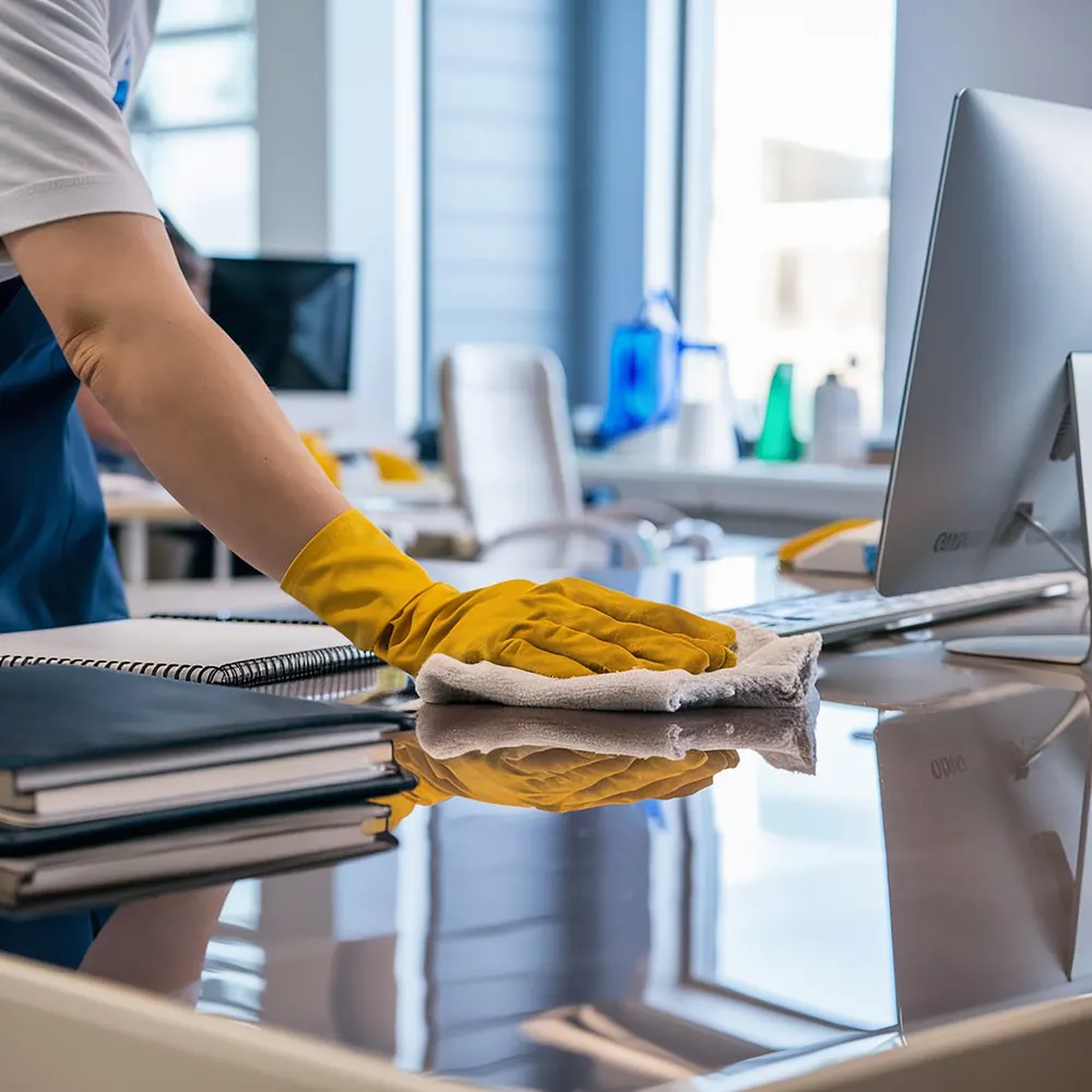 Büroschreibtisch wird mit Mikrofasertuch und gelben Schutzhandschuhen gereinigt