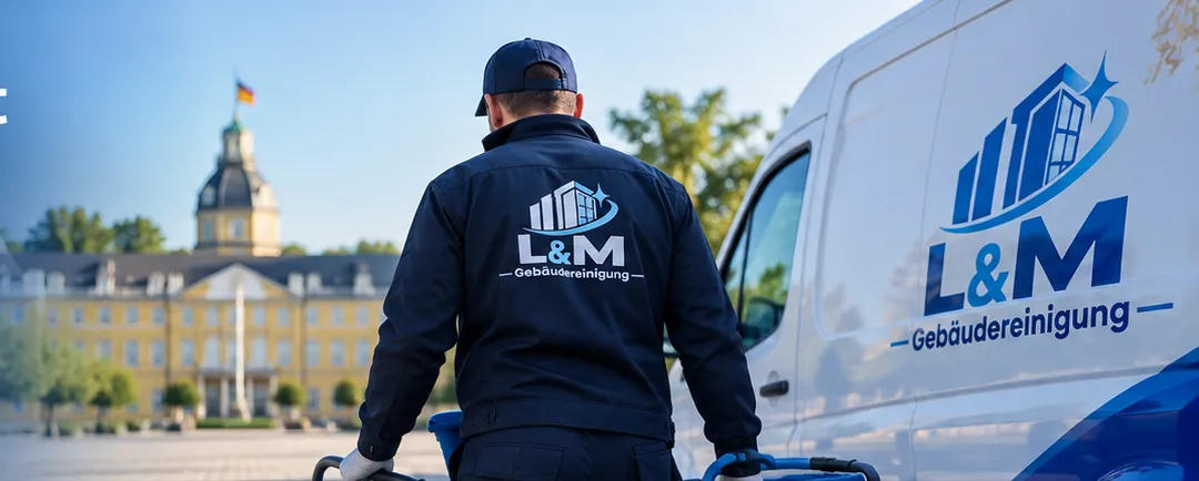 Mitarbeiter von L&M Gebäudereinigung vor dem Karlsruher Schloss neben dem Firmenfahrzeug