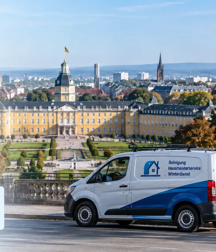 Karlsruher Schloss mit Firmenfahrzeug von L&M Gebäudereinigung im Vordergrund