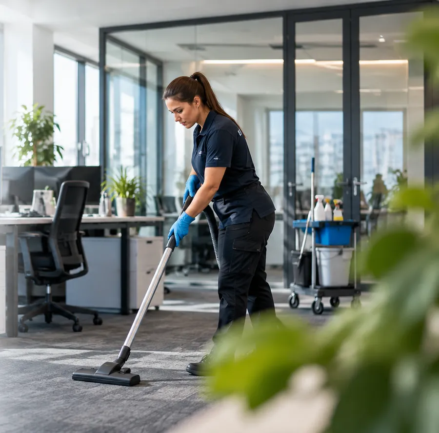 Reinigungskraft saugt den Teppichboden in einem modernen Büro