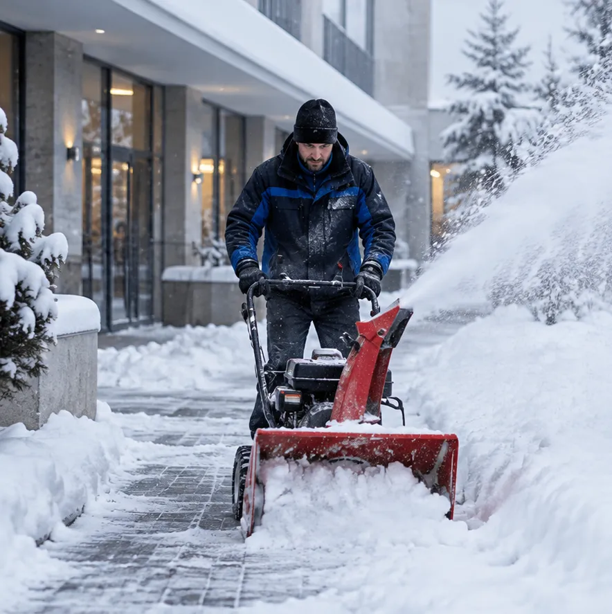 Mitarbeiter räumt mit einer Schneefräse den Gehweg vor einem Bürogebäude